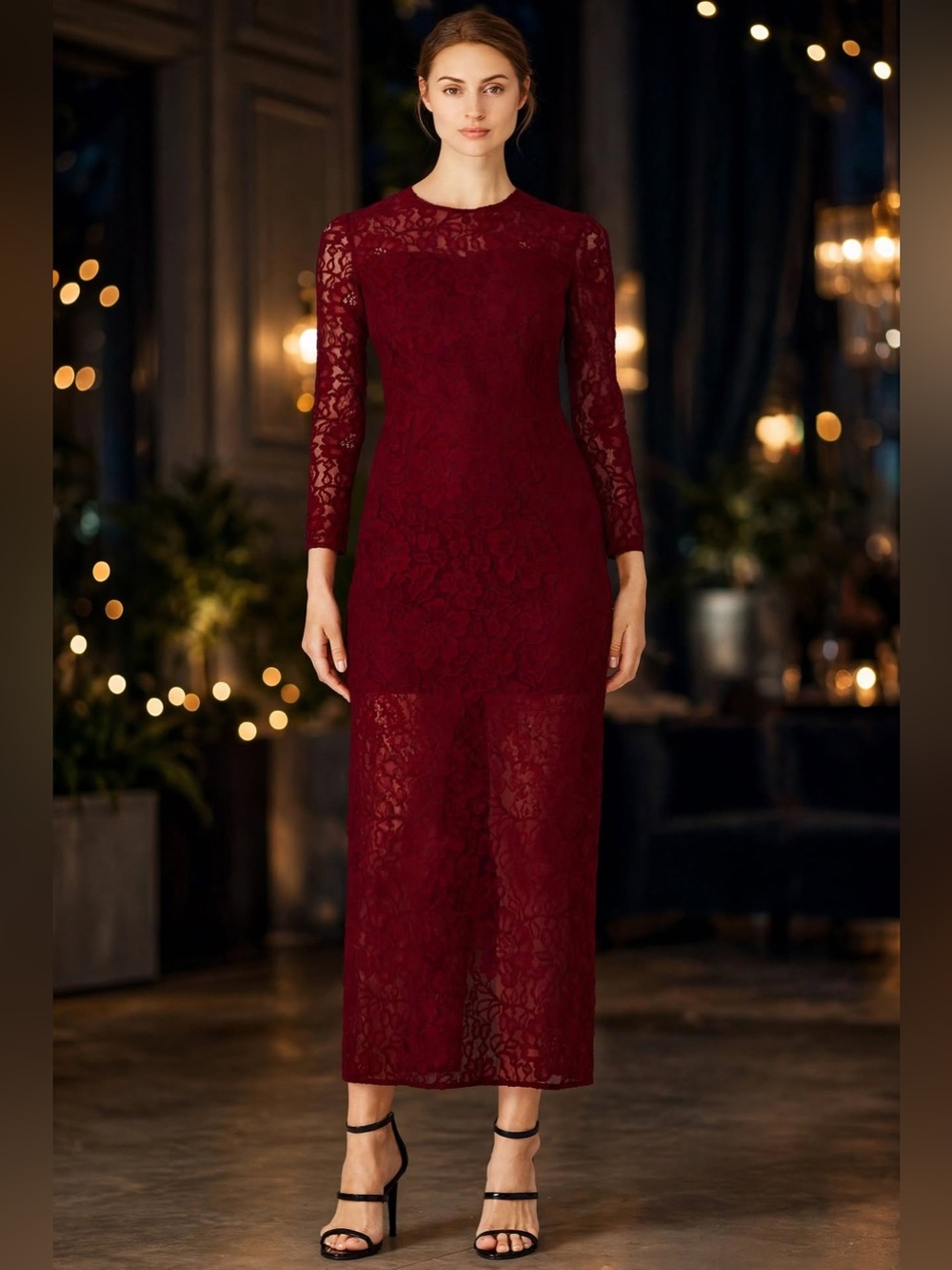 Cynthia Rowley Merlot Red Lace Sheath
Long Sleeve Lace Maxi Dress Sz US 6